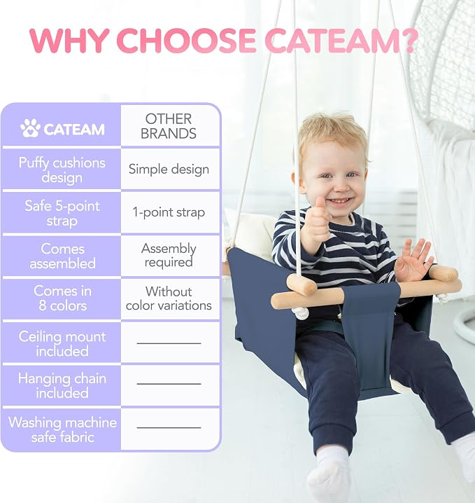 CaTeam - Canvas Baby Swing, Wooden Hanging Swing Seat Chair - Image 4