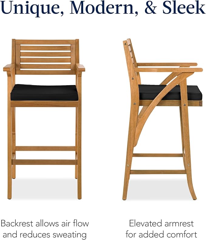 Best Choice Products Set of 2 Outdoor Acacia Wood Bar Stools Bar Chairs - Image 4