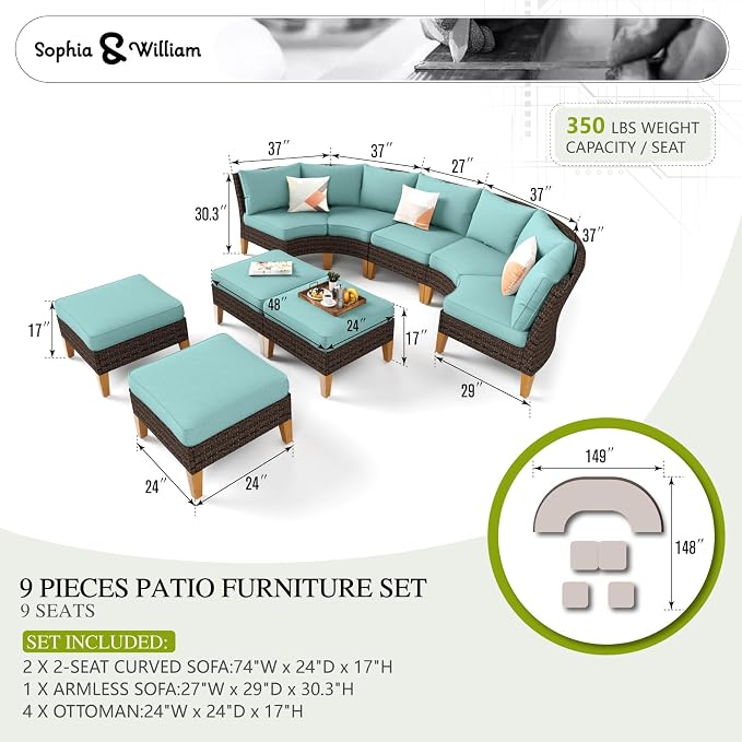 Sophia & William Outdoor Wicker Sectional Sofa Set, 9 Piece Half Moon Curved - Image 7