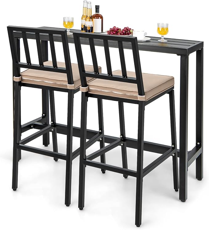 COSTWAY 3 Piece Outdoor Patio Bar Set, Metal Bar Table and Chairs Set by COSTWAY