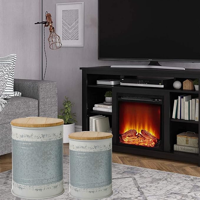 Glitzhome Rustic End Table Set of 2, Farmhouse Galvanized Metal Barrel Ottoman - Image 8