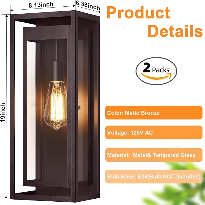 19" Bronze Outdoor Light Fixture, 2 Pack Large Size Outdoor Sconce Lights - Image 3