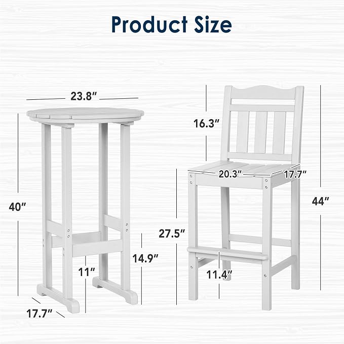 nalone Outdoor Bar Chairs and Table Set, HDPE Balcony Adirondack Chairs and - Image 3