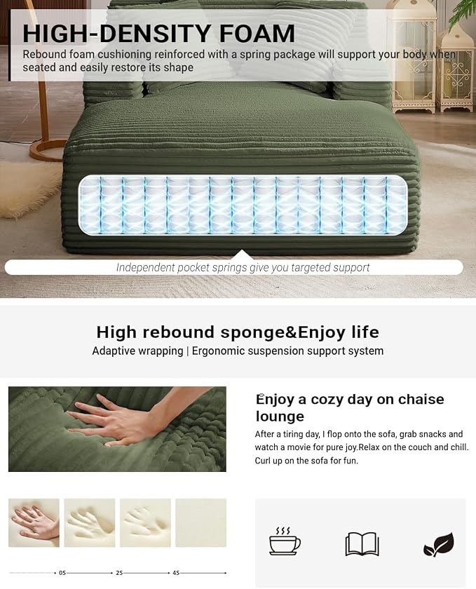 50 Inch Oversized Chaise Lounge Chair Indoor, Corduroy Upholstered Boneless - Image 4
