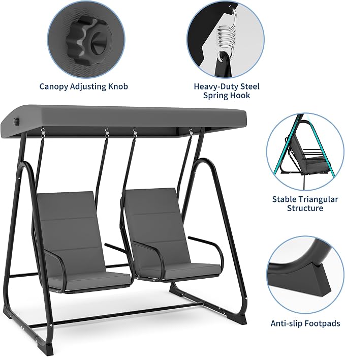 GarveeLife 2 Person Porch Swing Chair, Heavy Duty Outdoor Patio Swing Glider - Image 5