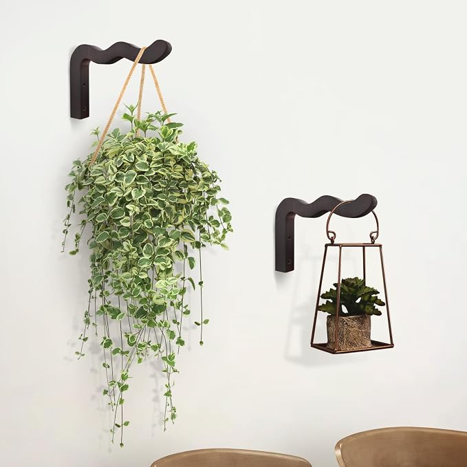 Wavy Plant Hanger Hooks – 2 Pack Rustic Wooden Wall Mounts - Image 2