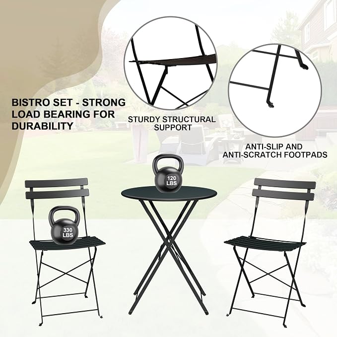 Bistro Table and Chairs Set of 2, 3 Piece Outdoor/Indoor Folding Patio Bistro - Image 5