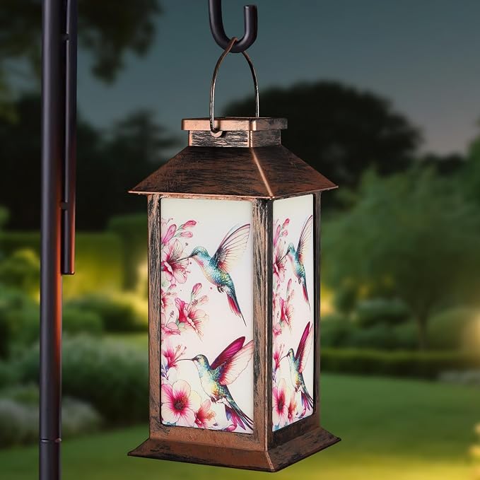 Outdoor Hanging Solar Lantern Waterproof Outside Hummingbird Pattern Landscape by Unknown