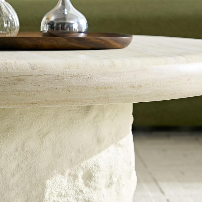 Coffee Table Set of 2, Round Fiberglass Imitation Stone Table Cement Rock - Image 3