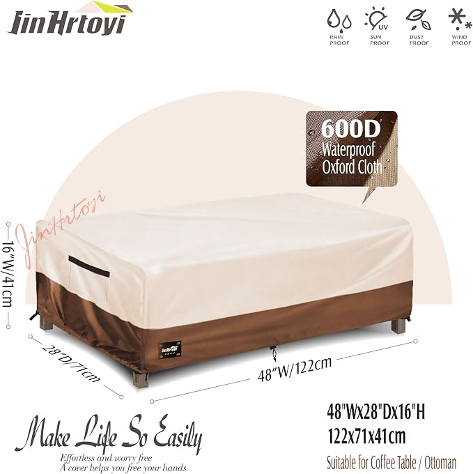 JinHrtoyi Patio Coffee Table Cover, 48Wx28Dx16H Inches 100% Waterproof Heavy - Image 2