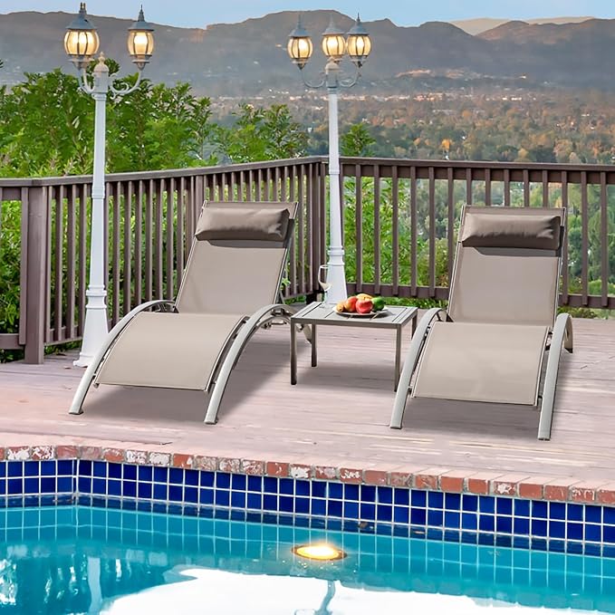 Domi Pool Lounge Chairs Set of 3, Adjustable Aluminum Outdoor Chaise Lounge by domioutdoorliving