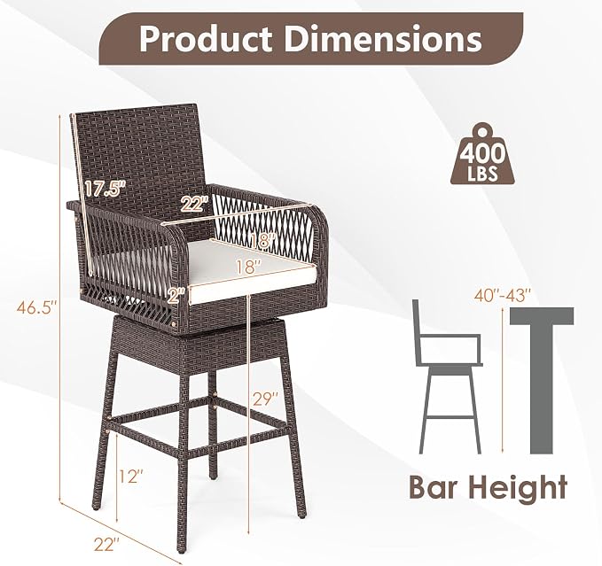 COSTWAY Outdoor Wicker Bar Stools, Armrest and Backrest, Patio Bar Height Chairs - Image 2