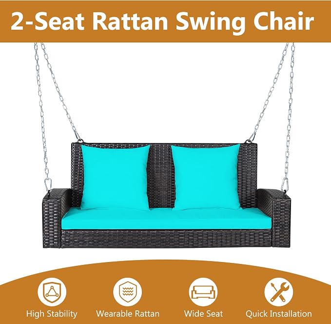 DORTALA Hanging Porch Swing, 2-Person Outdoor Wicker Swing Chair Bench - Image 2