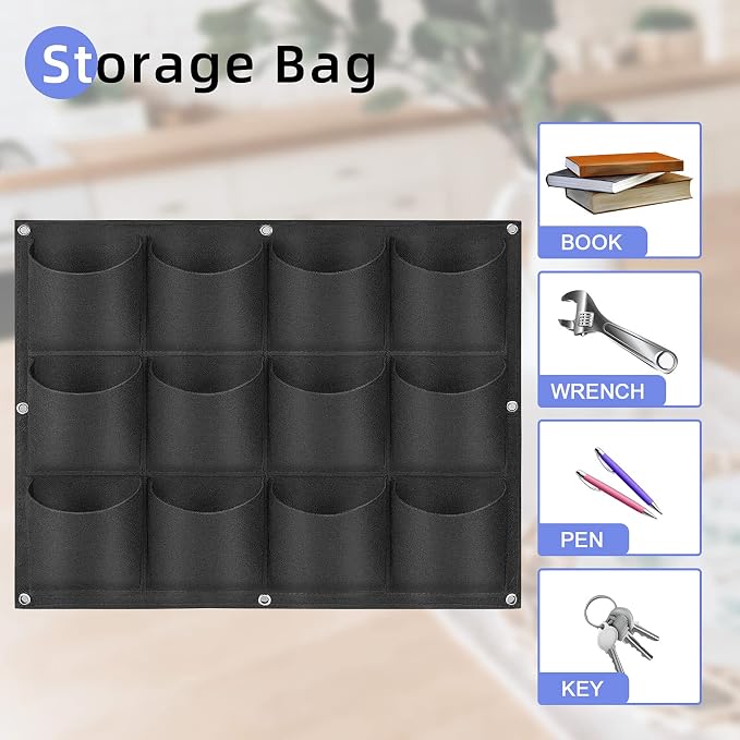 12 Pockets Hanging Planter Bags, Hanging Vertical Wall Mounted Plant Planting - Image 6