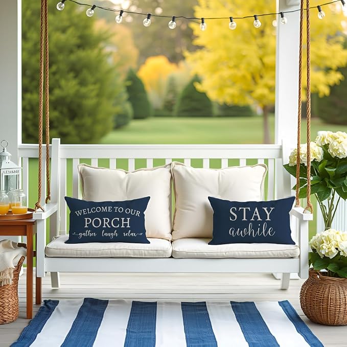 PANDICORN Welcome to Our Porch Stay Awhile Blue Outdoor Farmhouse Lumbar - Image 2