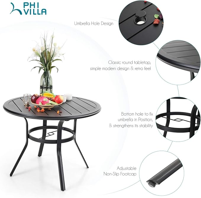 PHI VILLA 38 Inch Outdoor Round Dining Table, Metal Wrought Iron Slat Patio - Image 4