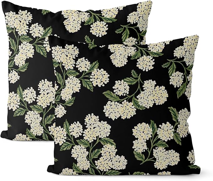 Black Spring Pillow Covers 20x20 Inch 2 Pcs Green Hydrangea Flower Decor Throw by DAFENA