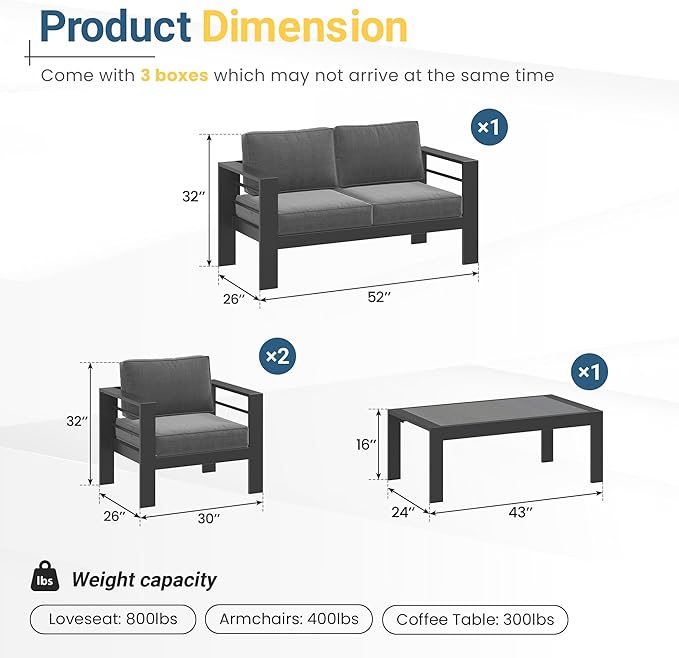 Solaste Aluminum Outdoor Patio Furniture Set, 4 Seats Patio Sectional Sofa - Image 2
