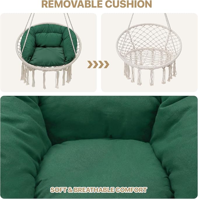 Monibloom Hanging Hammock Chair w/Dark Green Cushion, Porch Macrame Swing Chair - Image 3