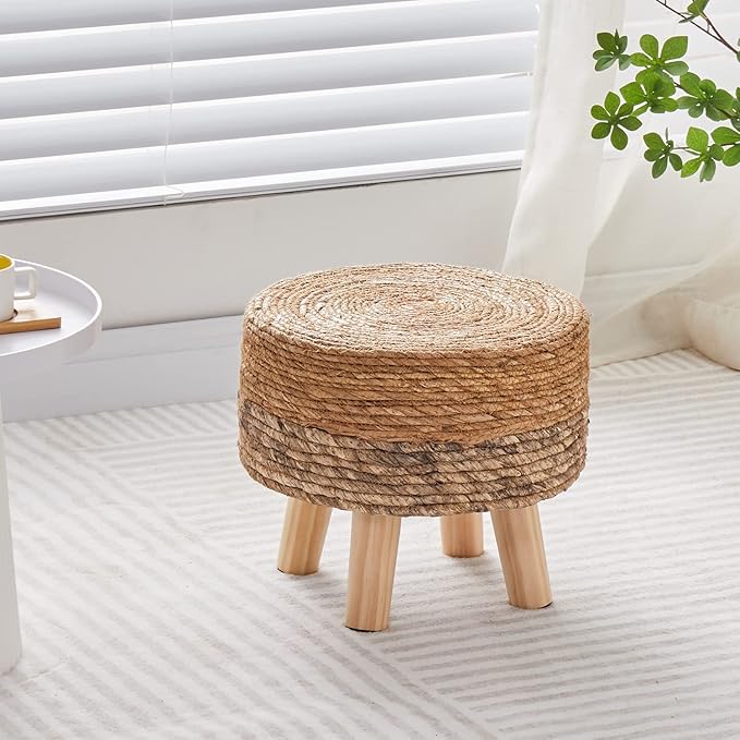 Wimarsbon Round Foot Stool Natural Seagrass Poufs Ottoman Hand Weave Footrest - Image 2