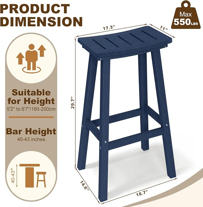 Outdoor Bar Stools Set of 6, 29 Inch All-Weather HDPE Bar Height Chairs - Image 3