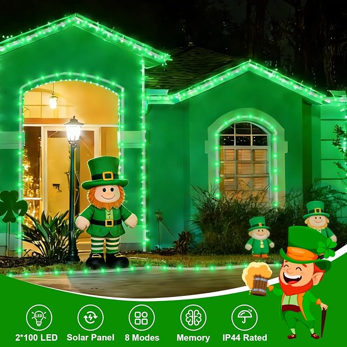 QITONG 2 Pack Green St Patricks Day Lights, Each 33ft 100 LED Solar Rope Lights - Image 2
