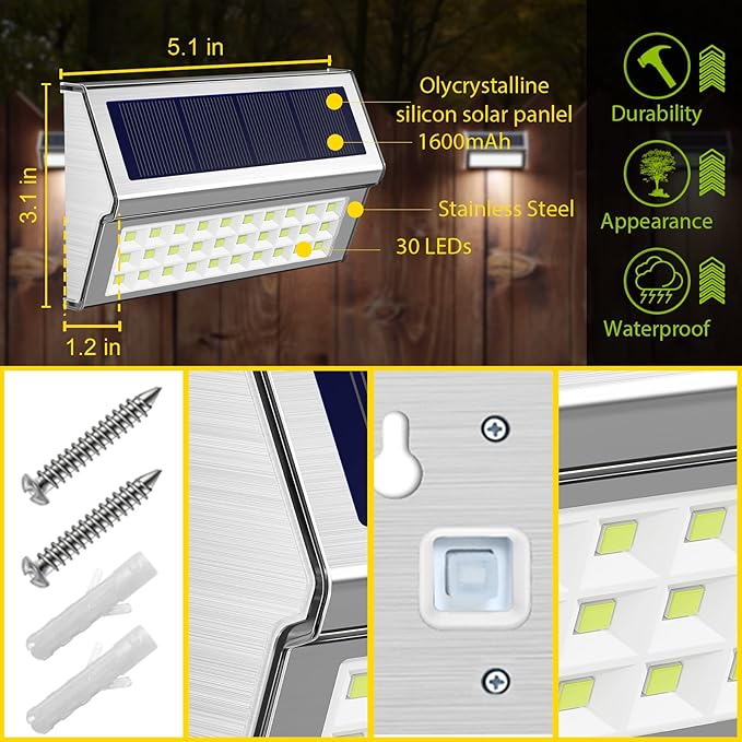 ROSHWEY Solar Lights Outdoor 6 Pack 30 LED Deck Lights Solar Powered Waterproof - Image 5
