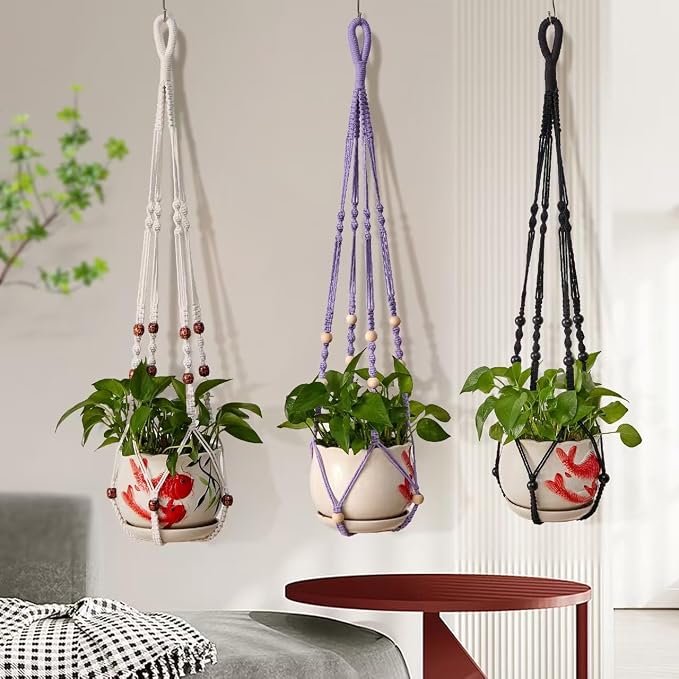 3 ft Macrame Plant Hanger Indoor Handmade Large Long Wall Window Black Hanging - Image 4