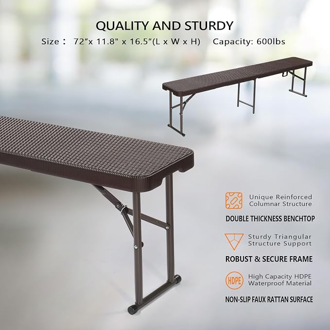 VINGLI 6 feet Plastic Folding Bench, Portable in/Outdoor Picnic Party Camping - Image 3