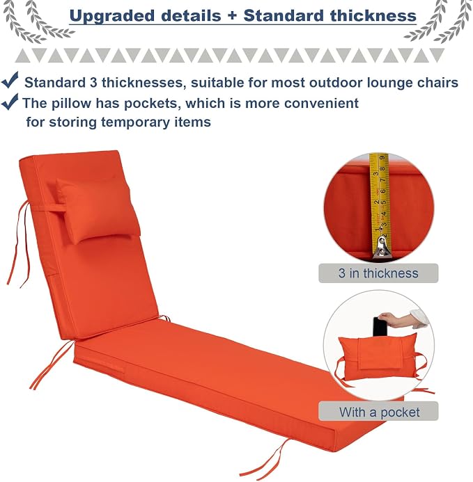 Outdoor Chaise Lounge Cushions Set of 2, Waterproof Fade Resistant Patio - Image 2