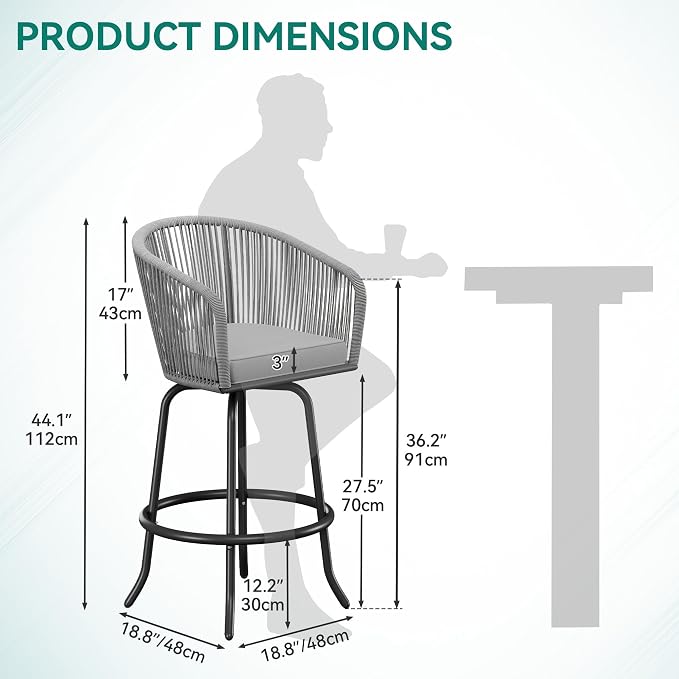 YITAHOME Patio Bar Stools Set of 2, Counter Height Swivel Bar Stools - Image 2