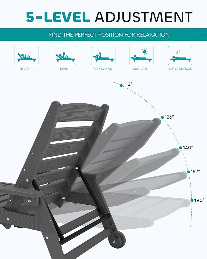SERWALL Patio Chaise Lounge Chair Set of 6, 5 Positions Adjustable Poly Outdoor - Image 3