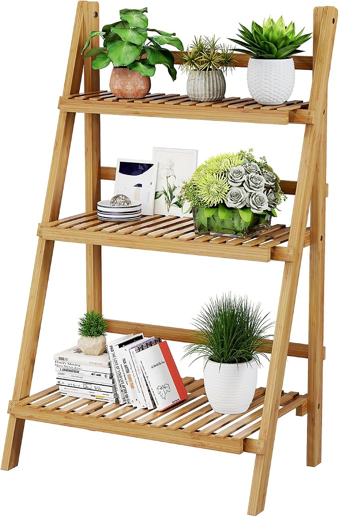 39.4" Foldable Plant Shelf Ladder Shelf, 3 Tier Bamboo Ladder Flower Pot by OAKVIVOElegantLifestyle