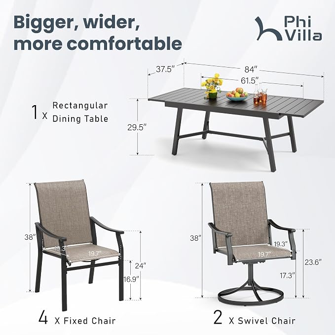 PHI VILLA 7 PCS Outdoor Dining Set, 2 Swivel & 4 Stable Patio Chairs and - Image 7