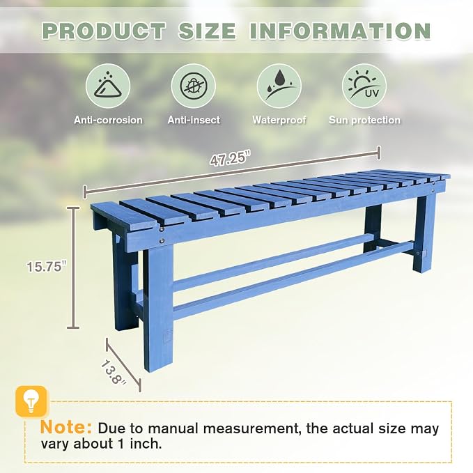 Outdoor Garden Wood Bench, 2-Person Weatherproof Wooden Bench Park Narrow Bench - Image 2