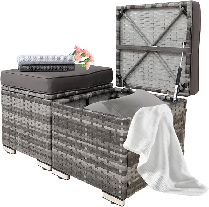 2-Pieces Patio Rattan Ottomans，All-Weather Rattan Wicker Multipurpose Outdoor by SUNNYMALL