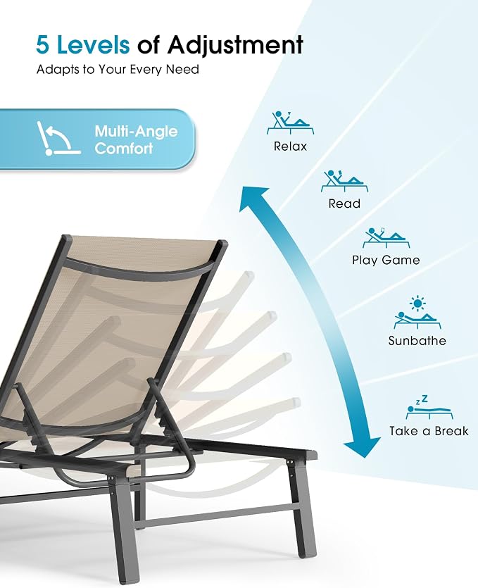 Ciokea Foldable Outdoor Lounge Chair Set of 4, No Assembly Aluminum Chaise - Image 7