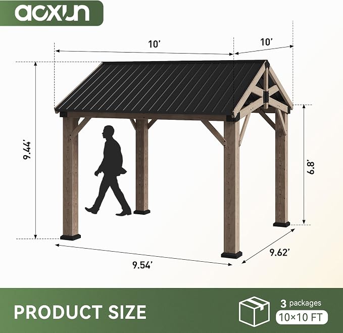 Aoxun 10' x 10' Outdoor Wood Gazebo, Hardtop Gazebo Permanent Wooden Pavilion - Image 2