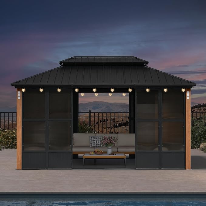 PURPLE LEAF 10' X 15' Patio Hardtop Gazebo Double Top Galvanized Steel Screen by PURPLELEAF