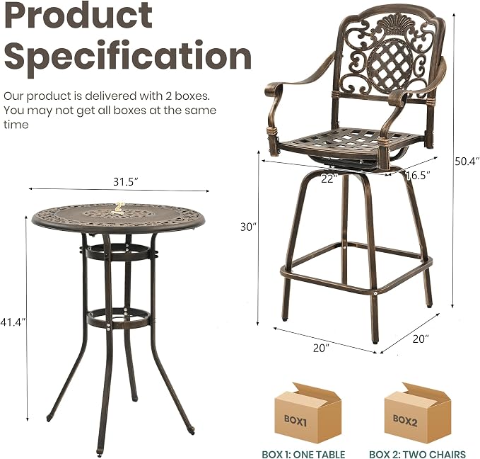 Pamapic 3-Piece Patio Swivel Bar Stools Set，Rustproof Cast Aluminum Patio Bar - Image 3