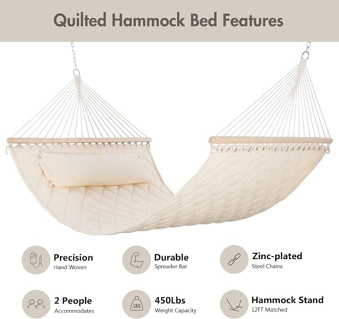 ANOW Two Person Hammock with Spreader Bars and Detachable Pillow, Heavy Duty - Image 3