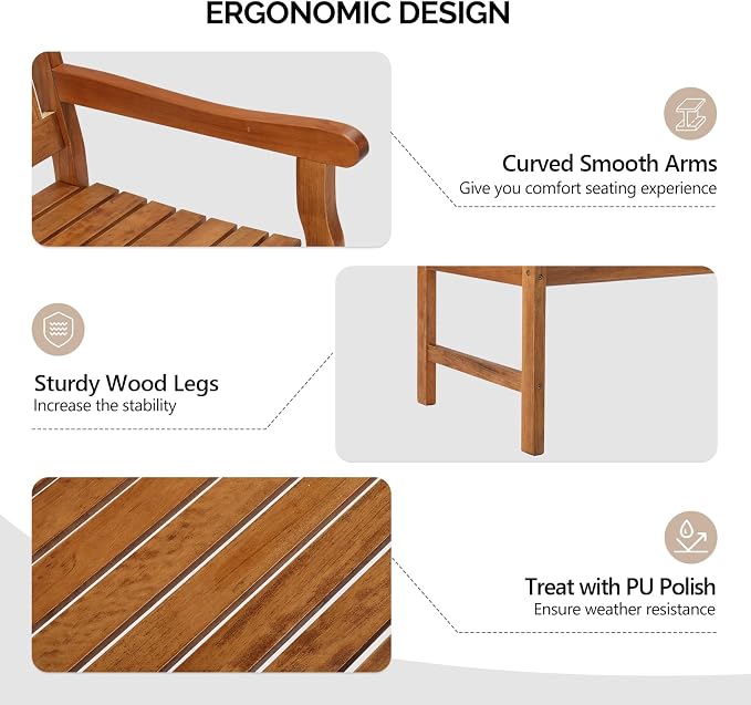 VINGLI 50" Outdoor Wood Bench, Weatehr Resistant Wooden Garden Patio Bench - Image 4