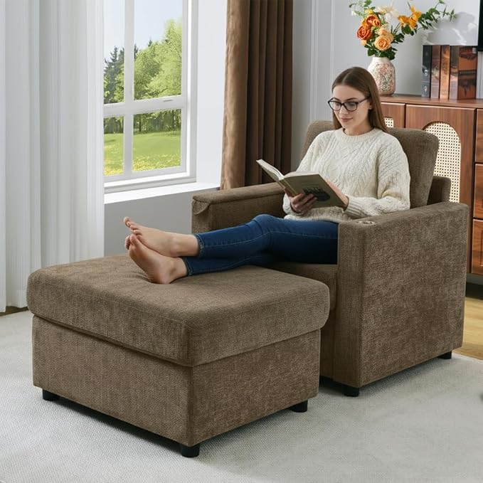 Modern Accent Chairs with Storage Ottoman Set, Chenille Reading Armchair with - Image 7