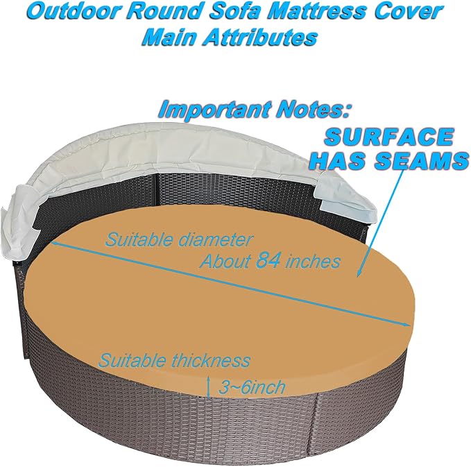 Round Outdoor Daybed Cushion Cover Replacement, Anti-UV Water-Resistant Patio - Image 2