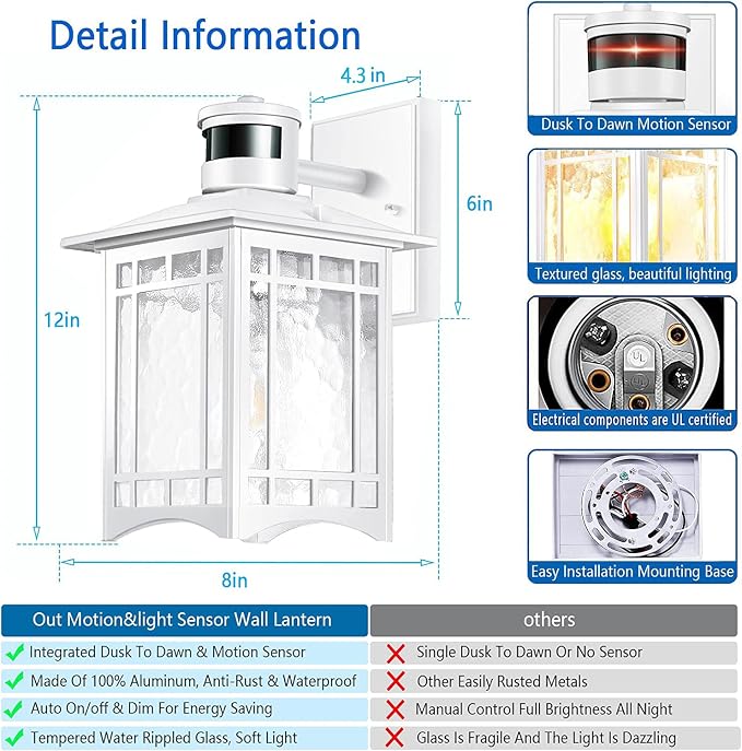 Motion Sensor Outdoor Wall Lights White Dusk to Dawn Light Fixture - Image 4