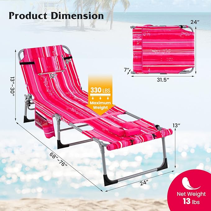 GYMAX Tanning Chair, 330LBS Beach Lounge w/Face Arm Hole & Shoulder Strap - Image 3