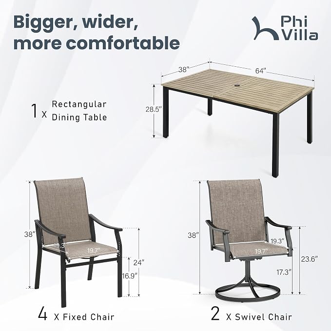 PHI VILLA 7 PCS Outdoor Dining Set, 2 Swivel & 4 Stable Dining Chairs, Patio - Image 7