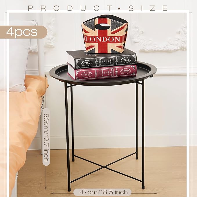 Kigley Set of 4 Metal Side Table Folding Tray Round Foldable End Table Outdoor - Image 2