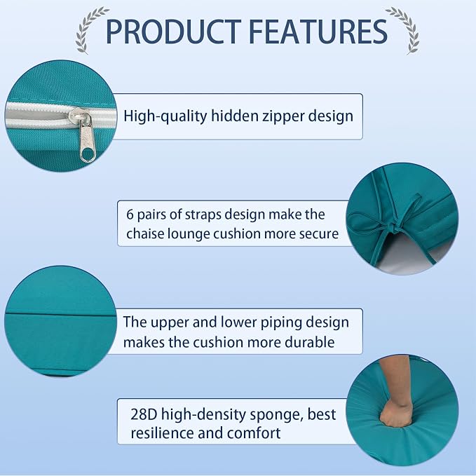 Outdoor Chaise Lounge Cushions Set of 2, Waterproof Fade Resistant Patio - Image 4
