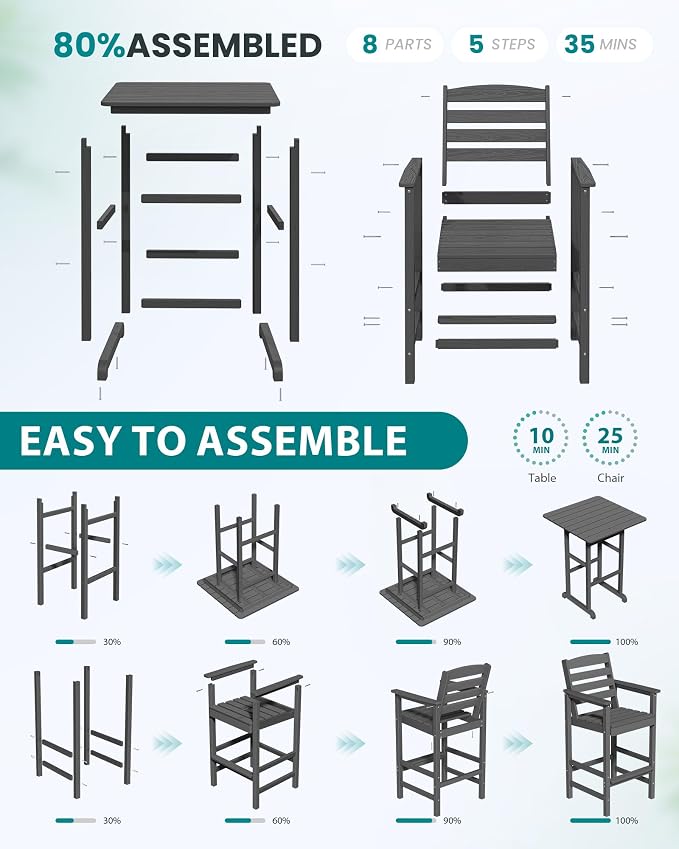 SERWALL 5 Pieces Outdoor Patio Bar Set, Tall Adirondack Bar Chair and Table Set - Image 6